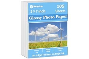 REASTAR 5x7 Glossy Photo Paper, 105 Sheets Picture Paper for Inkjet Printer, Instant Dry, for DIY Chip Bag, Flyers, Cards, Calendars and Brochures (180gsm/48lb)
