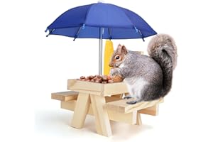 Ufandia Squirrel Feeder, Squirrel Feeder Picnic Table Wood Squirrel Feeder with Umbrella, Bird Animal Feeder for Squirrel, Chipmunk and Squirrel Lovers,Blue
