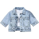 BEAUDRM Girl's Denim Jacket Button Down Short Sleeve Collared Jean Jacket Outerwear