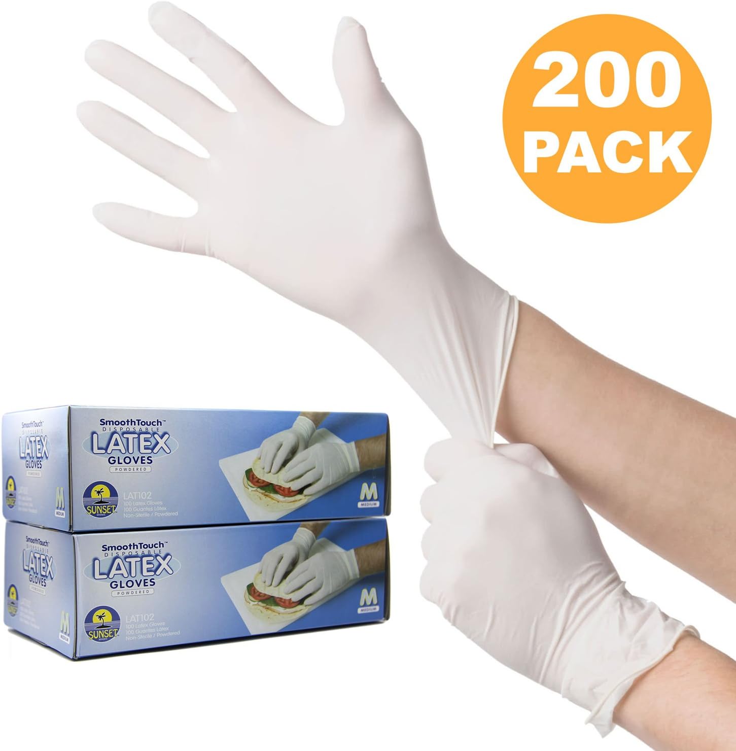 200 Medium Size Disposable Latex Gloves, Powdered, Easy Slip On/Off, Smooth Touch, Food Service Grade, Non-Sterile [2x100 Pack]