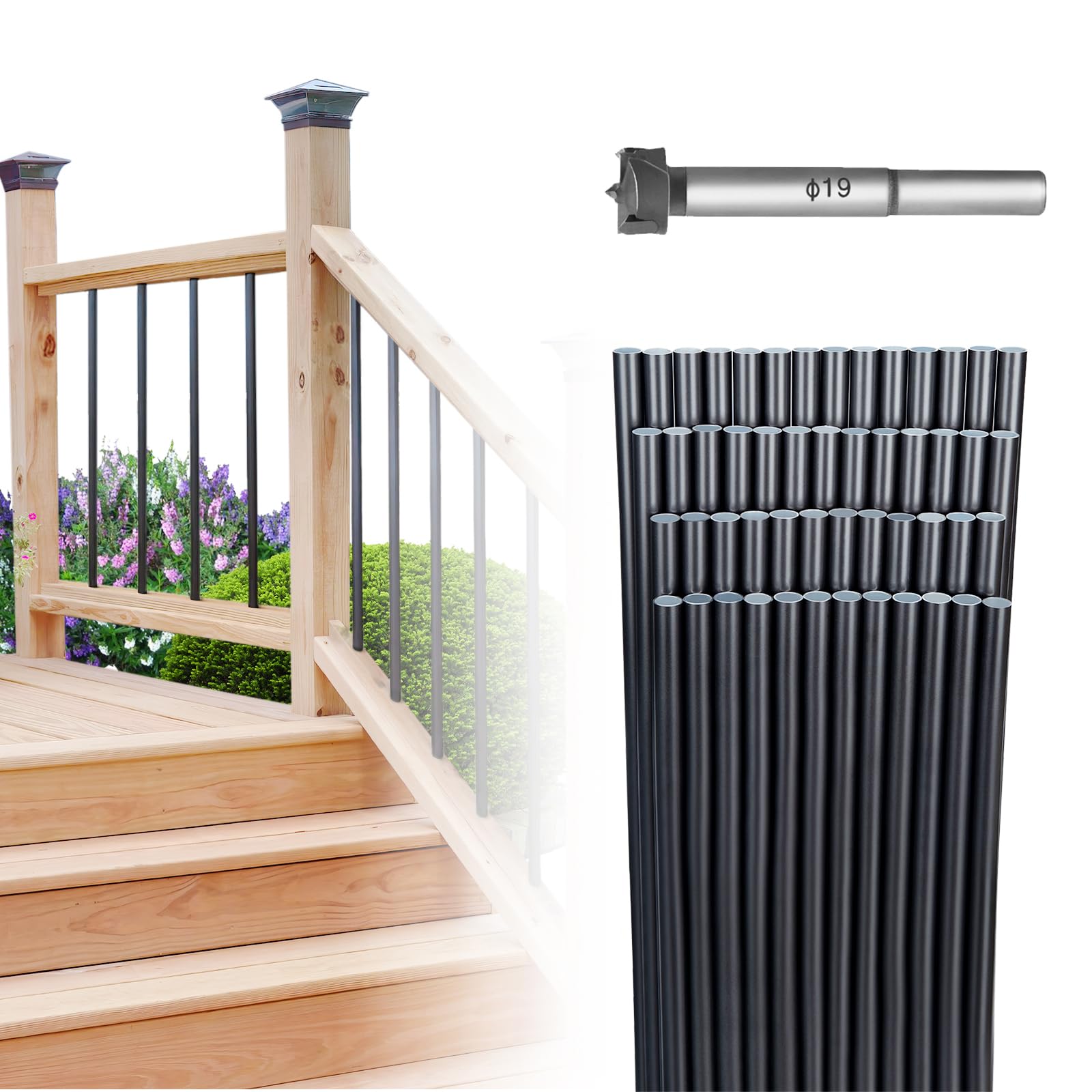 Photo 1 of GRMIKBU 51Pack 36'' x 3/4'' Aluminum Deck Balusters Round Hollow Black Deck Railing Spindles Staircase Balusters Wood Composite Deck Porch Stairs Indoor Outdoor