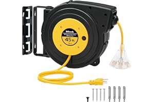 WILAWELS Retractable Extension Cord Reel, 45 FT Heavy Duty Power Cord, 12AWG/3C SJTOW, 3 Grounded Outlets Lighted Triple Tap for Ceiling/Wall Mount, 15 Amp Circuit Breaker, UL Listed, Yellow Y45CR06