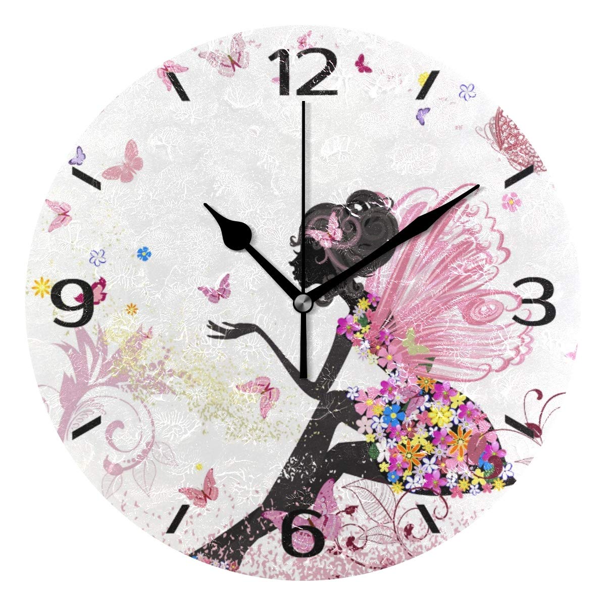 ALAZA 25cm Silent Round Wall Clock, Flower Fairy And Butterflies Non Ticking Clock for Living Room Kitchen Bedroom Office Decorative with Desktop Stand