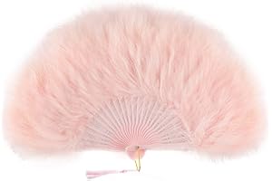 BABEYOND Marabou Feather Fan 20s Vintage Folding Fan Flapper Hand Fan for Costume Dancing Show Tea Party Wedding Decoration (Pink-Pink Rib)