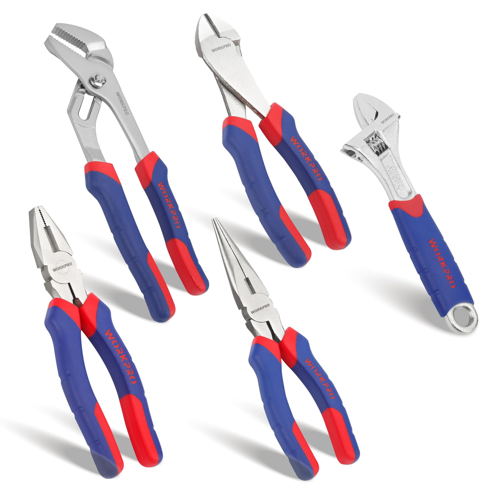 WORKPRO 5-Piece Pliers Set, Includes 250 mm Water Pump Plier, 200 mm Combination Plier, 200 mm Long Nose Pliers, 180 mm Diagonal Cutter, 200mm Adjustable Wrench, with Soft Grip Handles