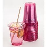 Golden Apple, 12oz 50sets Pink Red Plastic cups with Clear Flat lids X hole (50cups+50lids) BPA Free