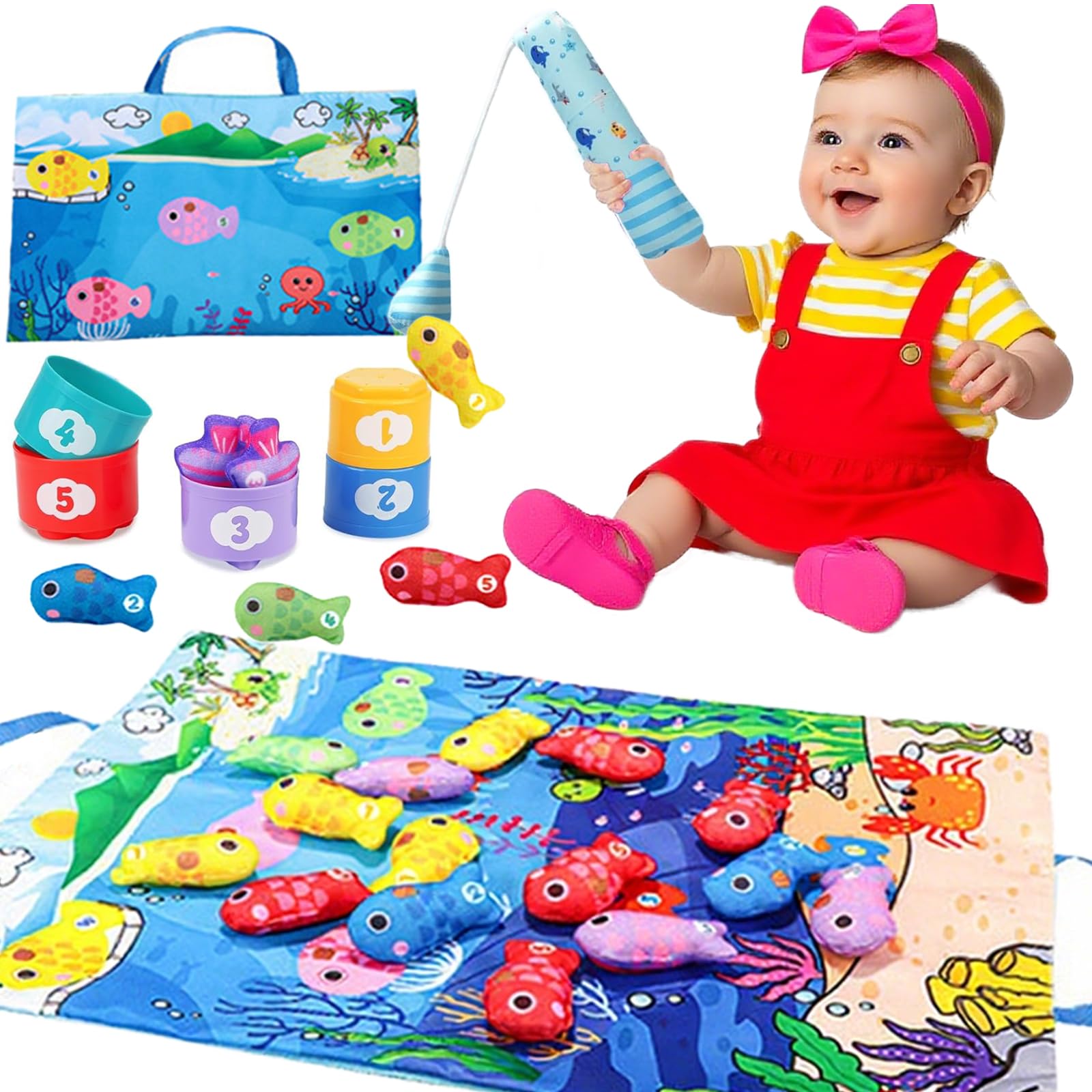 Fishing Game,Fabric Magnetic Fishing Game Toddler Toys With Stacking Cup,Number Counting,Color Sorting and Shape Learning,22PCS Montessori Educational kids Gifts for 1 2 3 Years Old