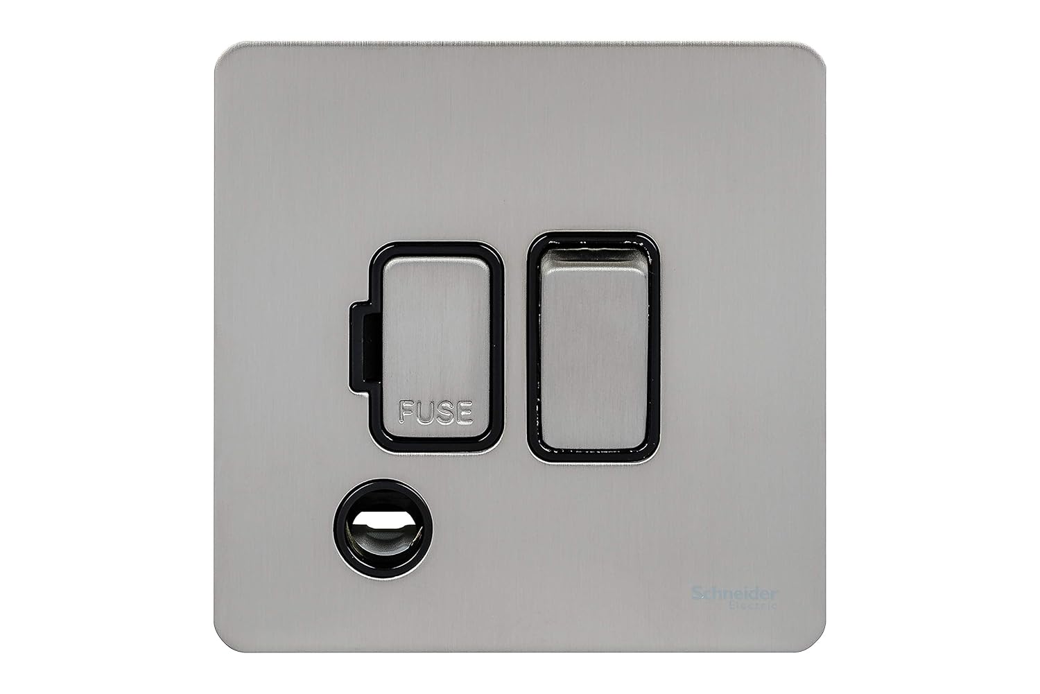 Schneider Electric Ultimate Screwless Flat Plate 13a DP Switched Connection Unit with Flex Outlet Stainless Steel Black Insert