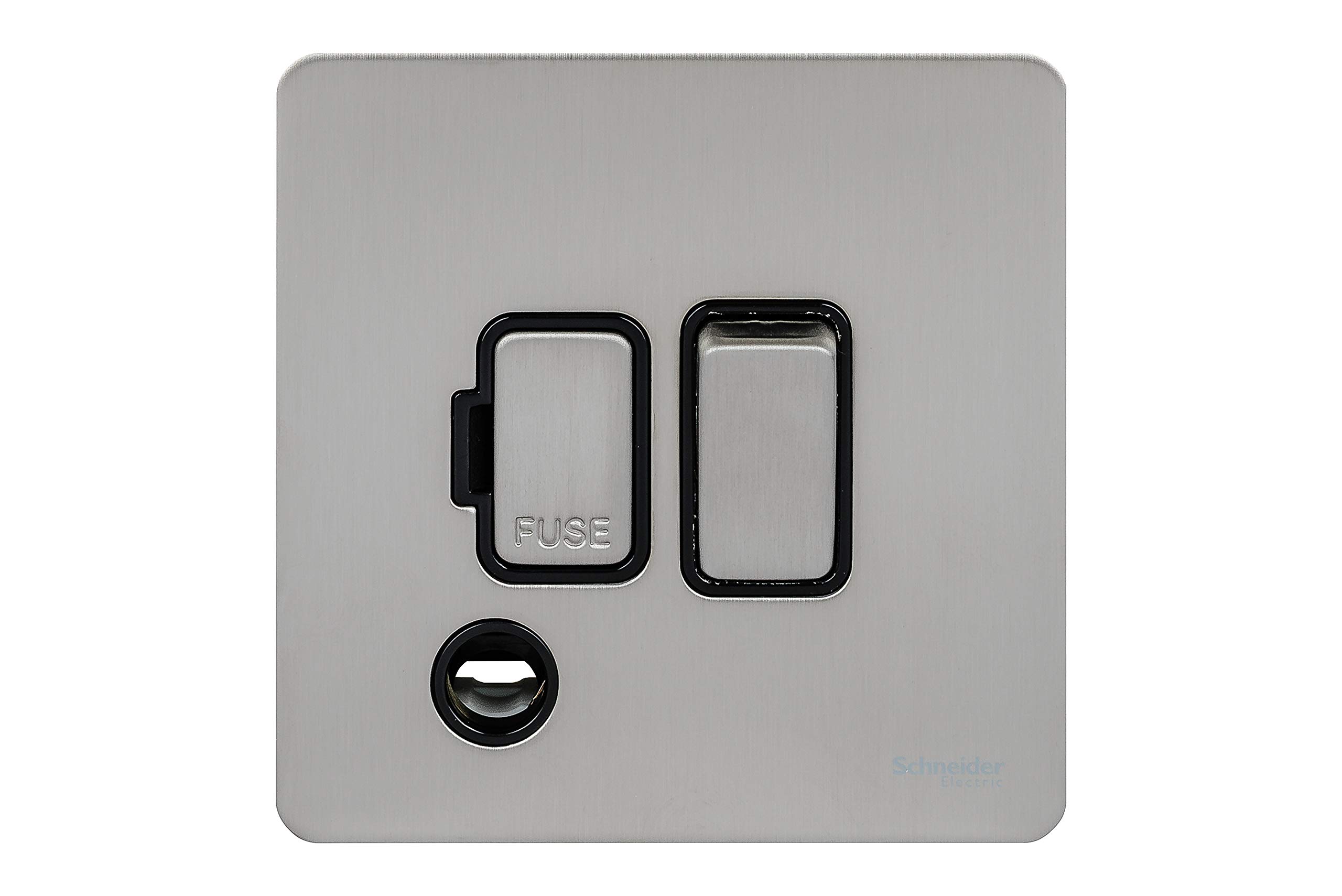 Schneider Electric Ultimate Screwless Flat Plate 13a DP Switched Connection Unit with Flex Outlet Stainless Steel Black Insert — image 1