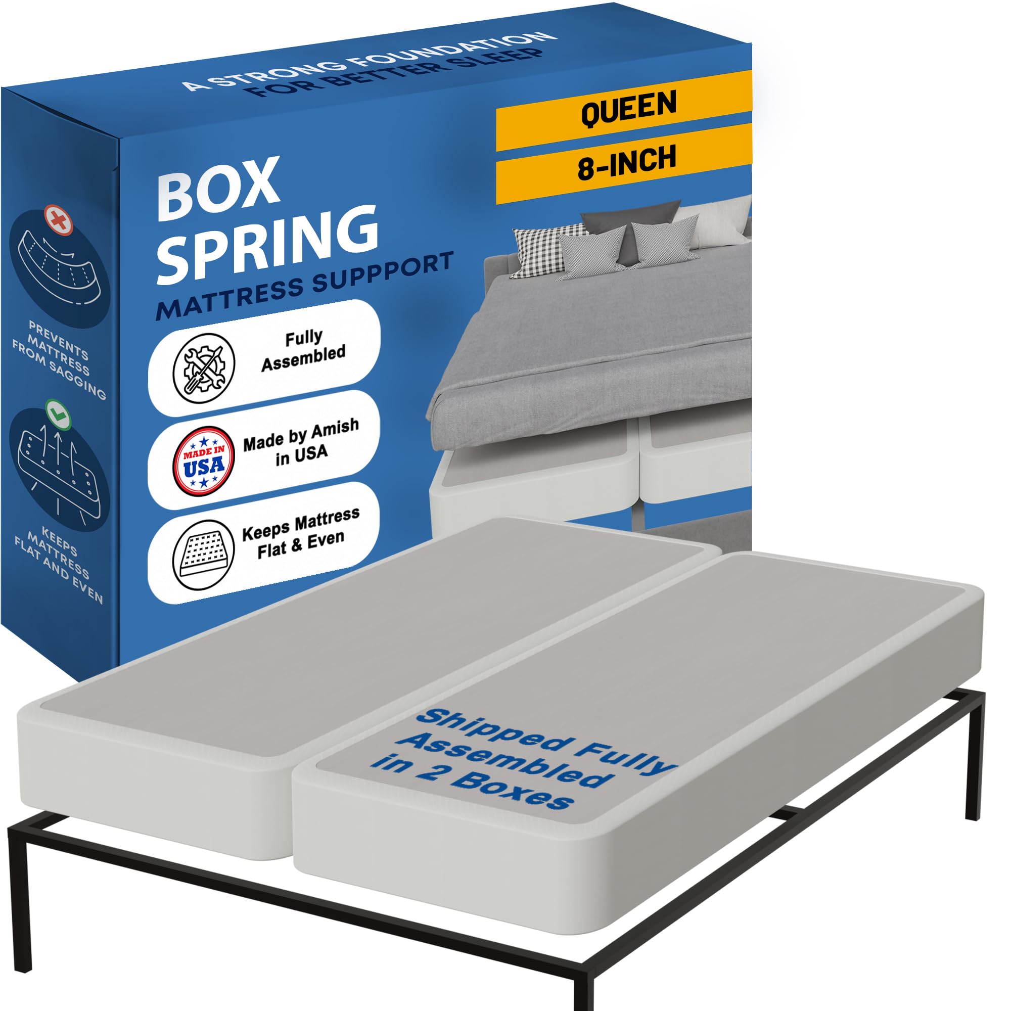 Photo 1 of ***(MISSING PIECE -SELLING AS IS)*** Greaton, Box Spring Bed Base Queen Size, 8-Inch Wood Mattress Foundation – Amish Made in USA – Quiet Noise Free, 1-Piece Under Mattress-Support Box Spring, Fully Assembled, White.  ***BOX RIPPED/TORN***