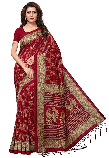 Womens Poly Silk Maroon Printed Saree With Tassels