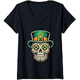 Womens St. Patricks Day Day Of Dead Irish Sugar Skull V-Neck T-Shirt