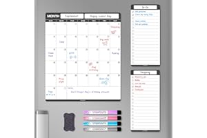 ALEZEL Dry Erase Calendar for Fridge Magnetic, Refrigerator Calendar Whiteboard Set - Vertical Dry Erase Refrigerator Calendar Planner with 2 List Boards, 4 Markers + Eraser