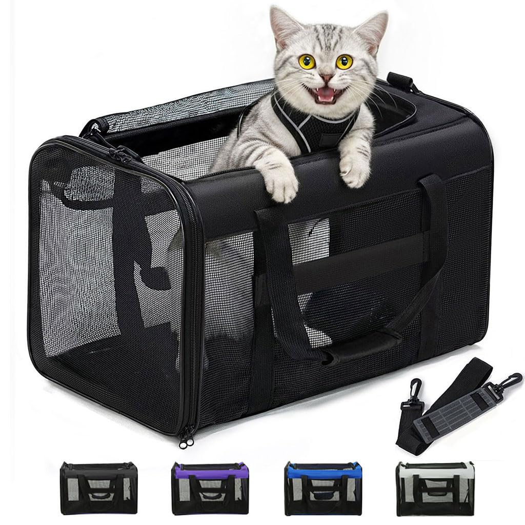 Conlun Cat Carrier Bag,Soft-Sided Pet Carriers for Dogs with 4-Sided Mesh,Airline Approved Cat Transport Carrier for Small&Medium Cats Kitten Puppy Up to 6Kg,Collapsible Cat Travel Carrier-M,Black