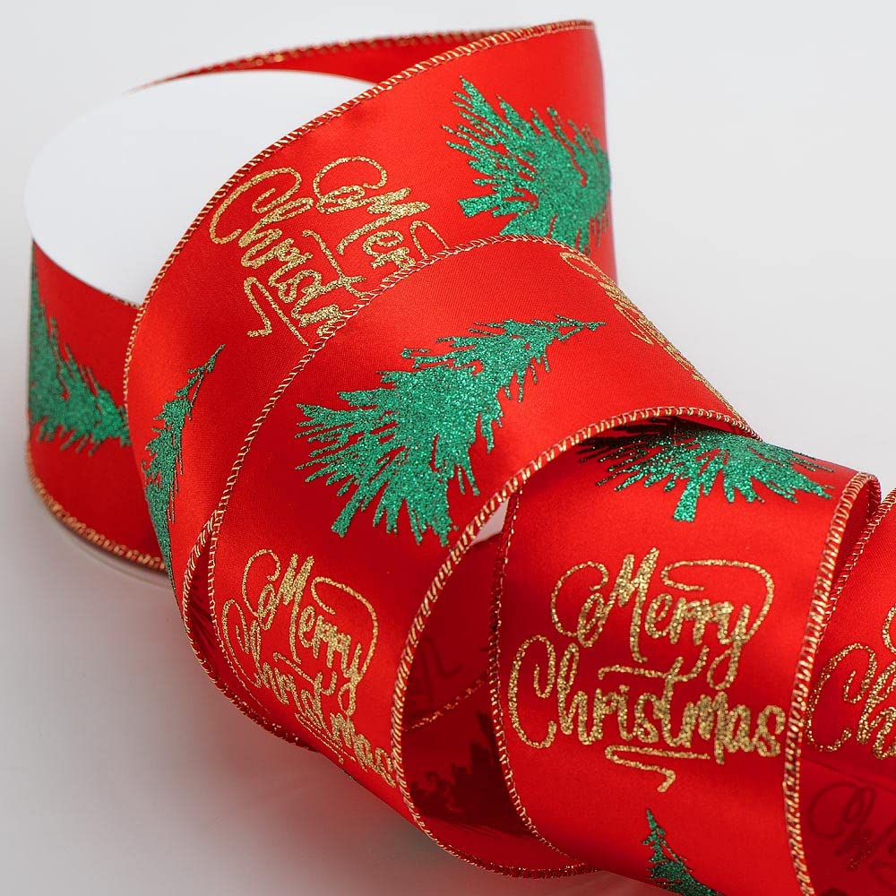 Italian Options Glitter Merry Christmas Tree Red Satin Ribbon, Wide Wired Christmas Ribbon for Crafts, Gift Wrapping Accessories, Wreaths, Tree Decorations, Bows, Red, 63 mm x 10 Metre