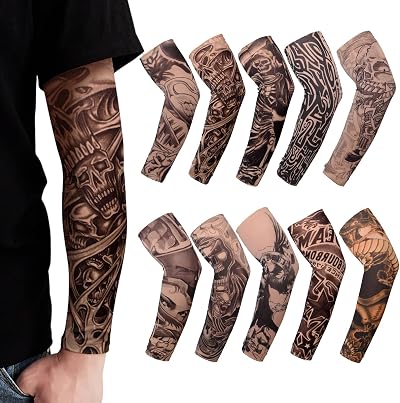 TSHAOUN 10pk Fake Tattoo Sleeves Art Arm Stockings Nylon Elastic Sun Block for