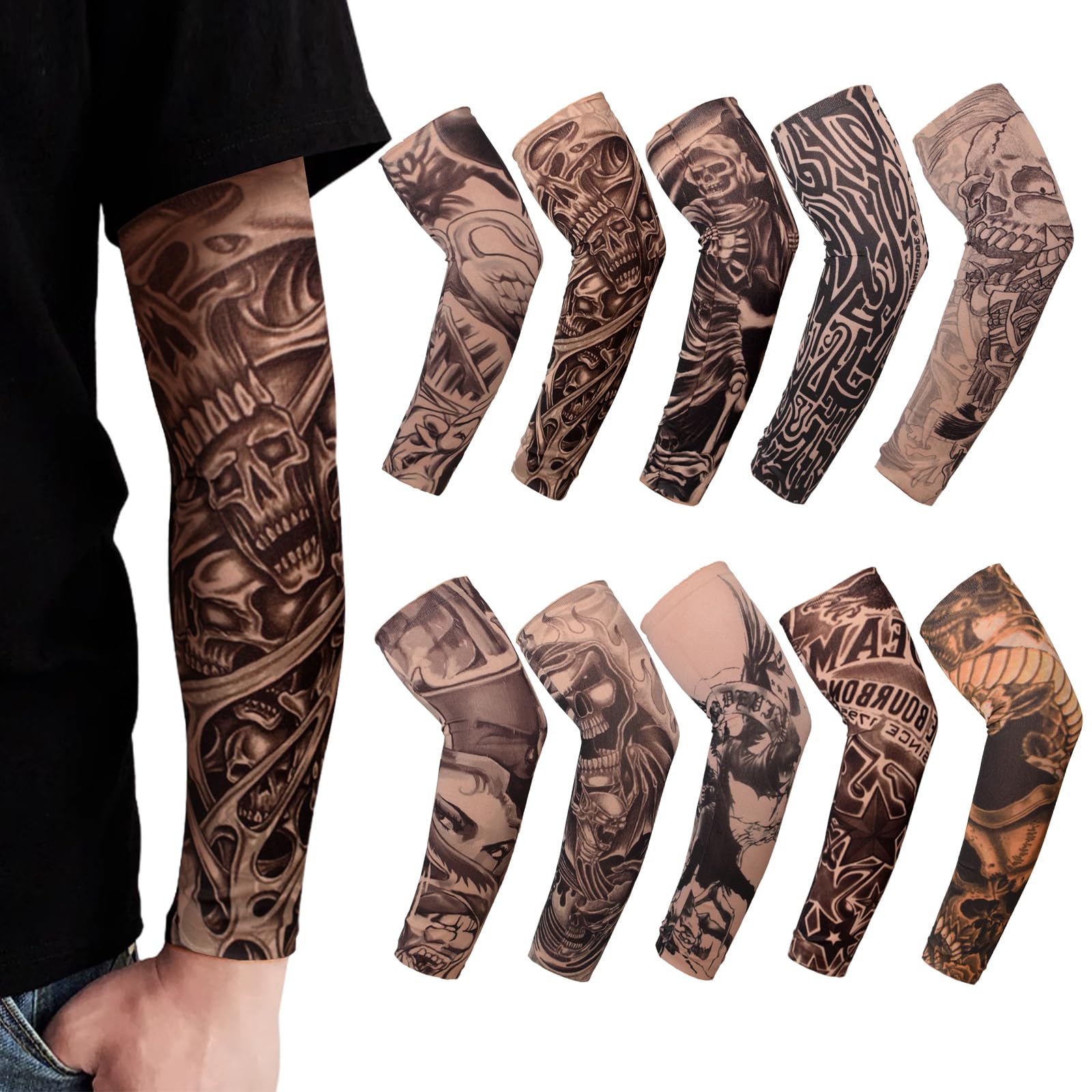 TSHAOUN 10 Pieces Fake Temporary Cool Tattoo Sleeves, Art Arm Fake Tattoo Sleeves Cover For Men Women, Nylon Elastic Arm Stockings Halloween Festivals Tattoo Hip Hop Sun Block Sleeves