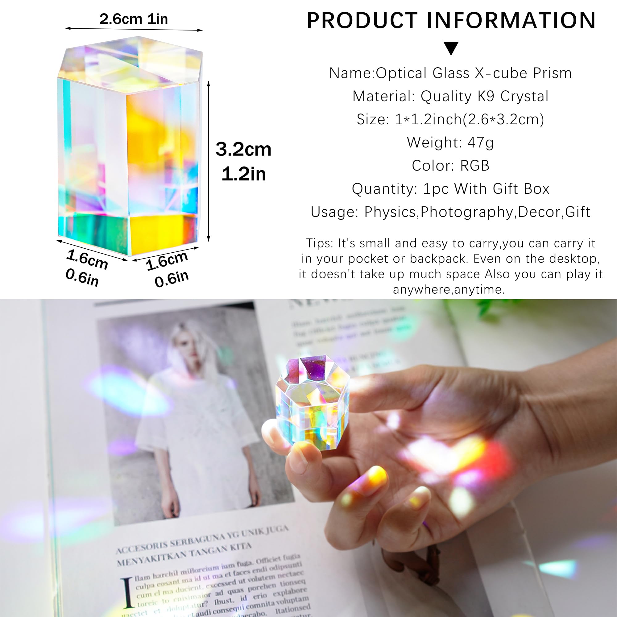 1.2'' Optical Glass RGB Dispersion Prism X-Cube for Physics Teach Rainbow Prism Crystal Cube Prism Photography Props