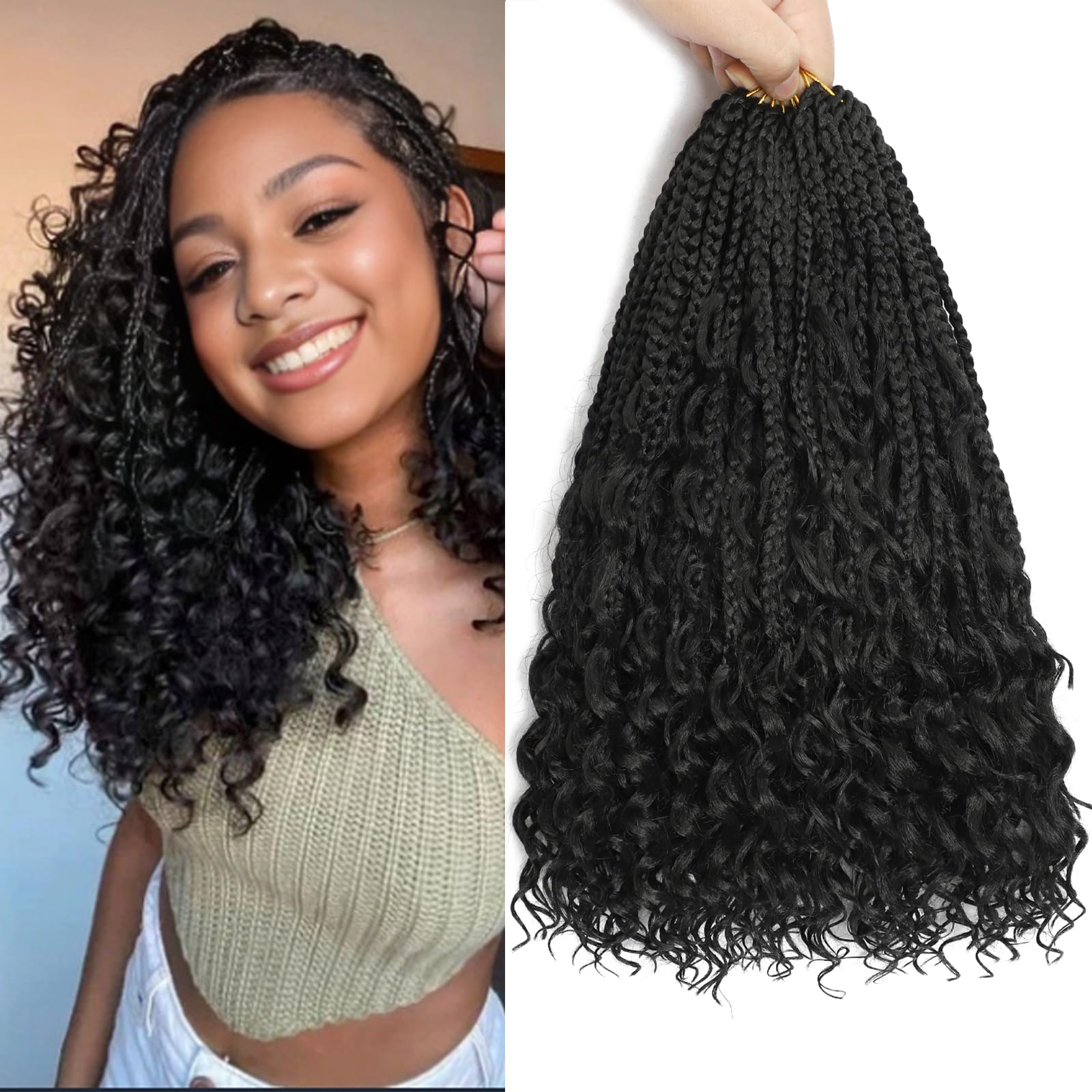 Photo 1 of 12 Inch Goddess Box Braids Crochet Hair 8 Packs Pre-Looped Bohemian Braiding Hair with Curly Ends Synthetic Crochet Hair for Women (1B, 12 Inch (Pack of 8))