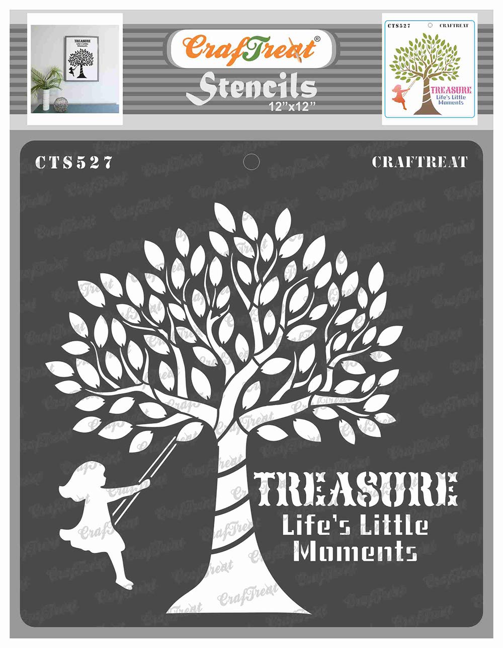 CrafTreat Reusable Quote Stencils for Painting on Wood, Canvas, Paper, Fabric, Floor, Wall and Tile - Life's Little Moments -12x12 Inch - Tree Stencils for Wood Signs - Tree Painting Stencils