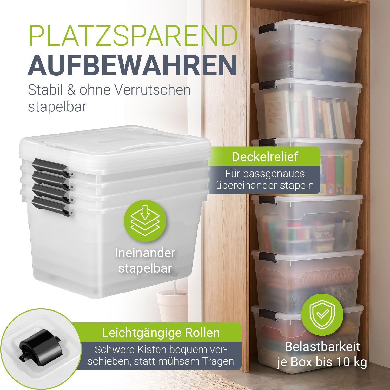 Juskys Aufbewahrungsbox mit Deckel - 4er Set Kunststoff Boxen 45l - Box groß, stapelbar, transparent - Aufbewahrung Ordnungssystem Aufbewahrungsboxen 2
