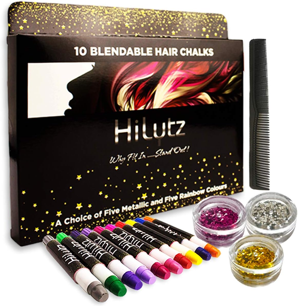 Hilytz Unicorn Hair Chalk and Face Paint Set - 10 Temporary Hair Colour Kids, Adults Perfect for Party, Prime Halloween Birthday Christmas Gift (Multi-Coloured)