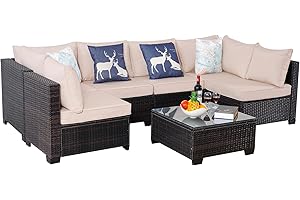 PAIQIAN 7 Piece Sectional Sofa Set Outdoor, Rattan Patio Furniture Set, Outdoor Sectional Furniture, Rattan Chairs Glass Table Wicker Conversation Seating Sectional Sofa with Cushions (Brown Beige)