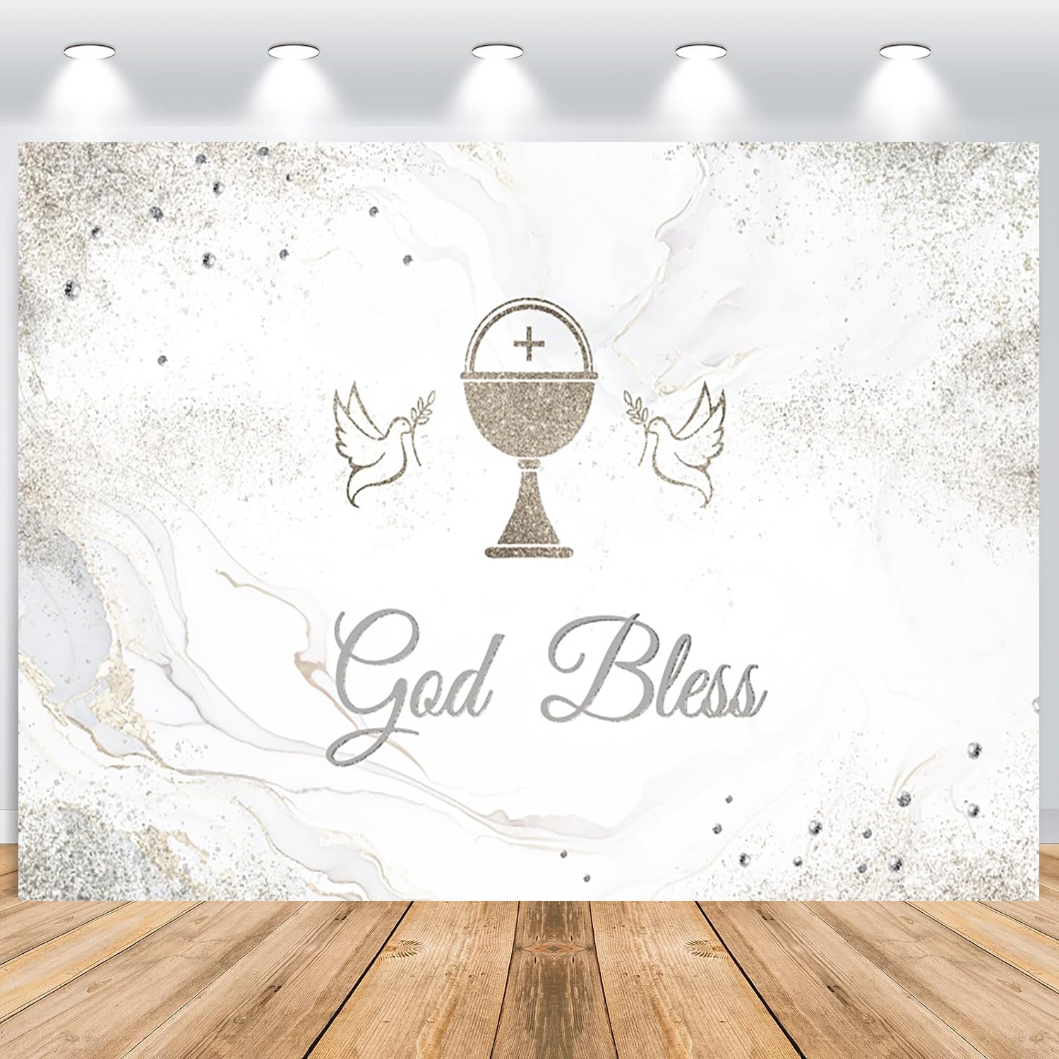 ASDCXZ First Holy Communion Backdrop 2.2x1.5m, Silvery Gray Marble Glitter Communion Photo Backdrop, Vinyl Banner Photography Backdrop for Girl Boy First Communion Baptism Party Decoration