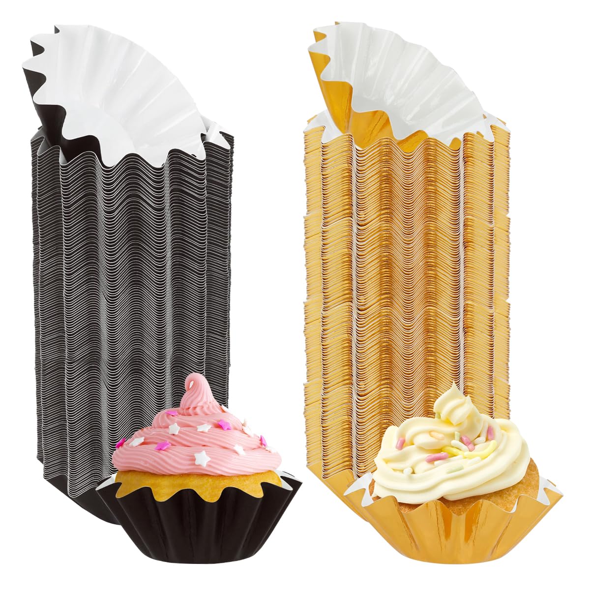 Photo 1 of 200 Pcs Wave Cupcake Liner, Flared Baking Cups, Paper Muffin Holder, Greaseproof Coated Wrappers for Tea Party Wedding Birthday Baby Shower Cake Candy Supplies (Brown+Gold)