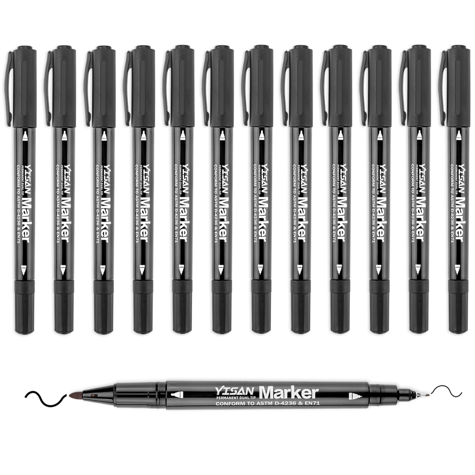 YISAN Twin Tip Permanent Marker Pens,12 Ultra Fine Point Black CD Permanent Marker Set for Glass, Plastic,Wood,Stone,70788