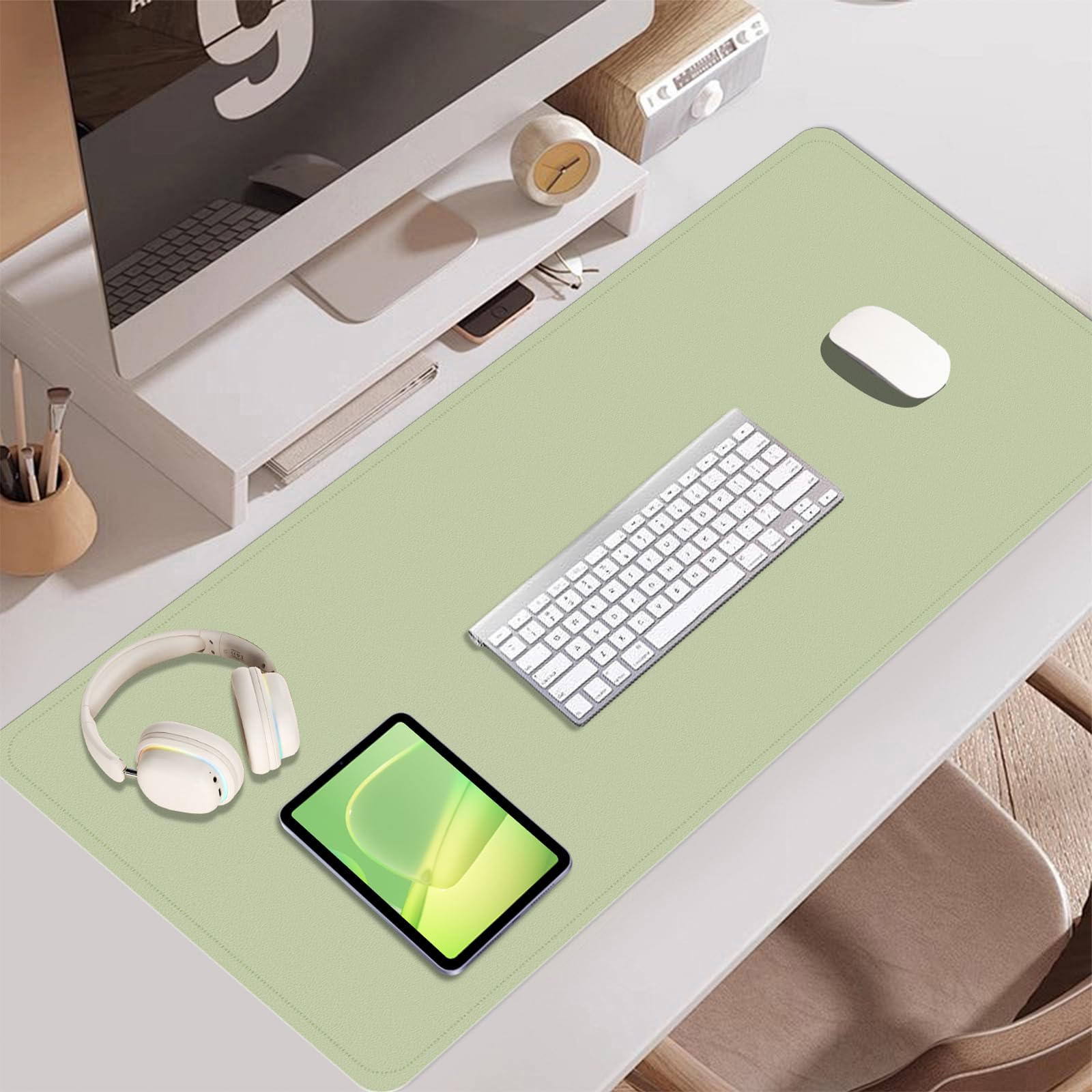 BLESWIN Leder-Schreibtischunterlage, Rutschfeste Große Mausunterlage, Computer- und Laptop-Matte, Schreibtisch-Schreibtischmatte für das Schreiben, Schreibtisch-Blotter-Pads Dekor (Matcha, 80x40CM) 6