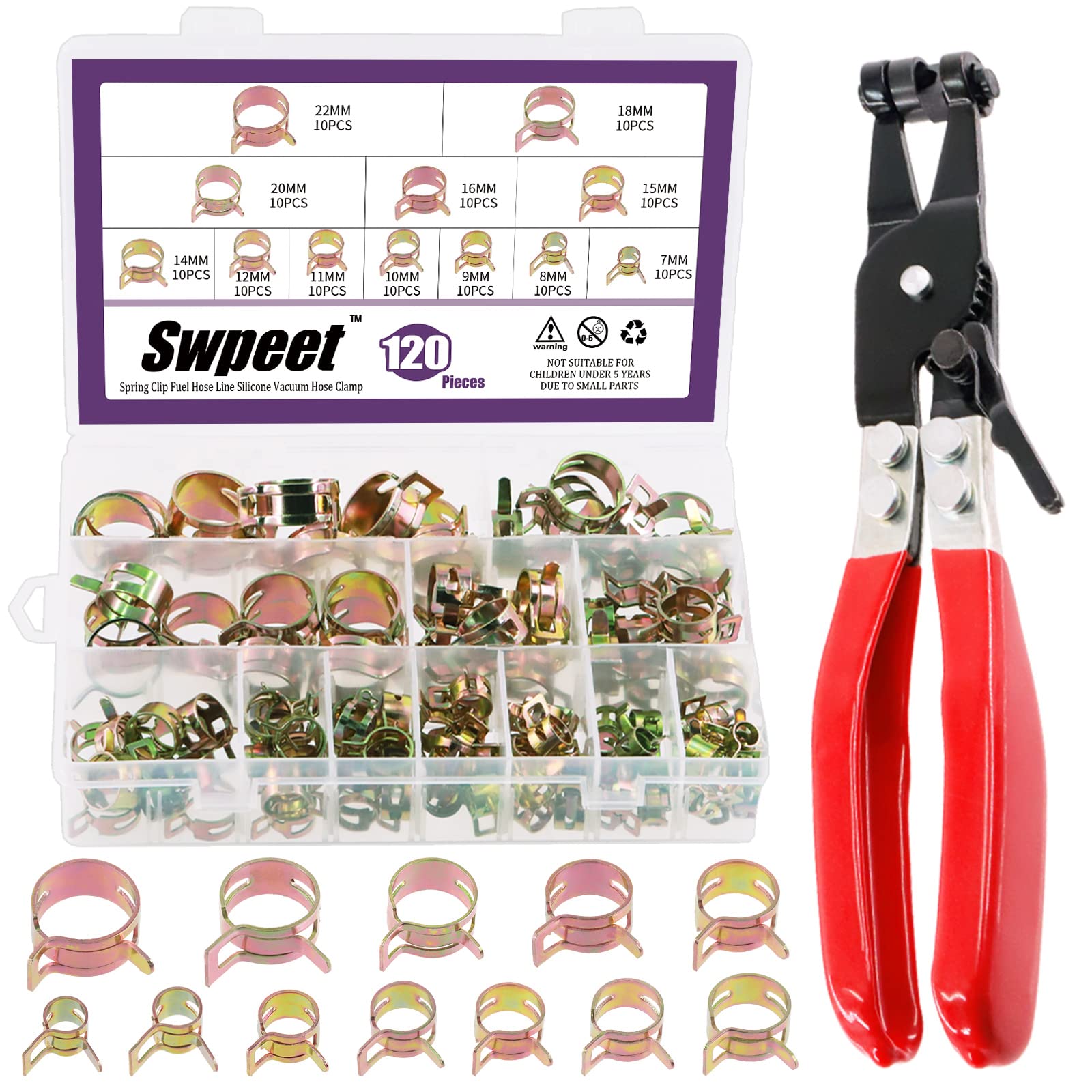 Swpeet 121Pcs 7-22mm Spring Band Hose Clamps - Assortment Kit, Silicone Vacuum and Flat Band Fuel Hose Clamp Kit, Action Pipe Low Pressure Air Clip Clamp