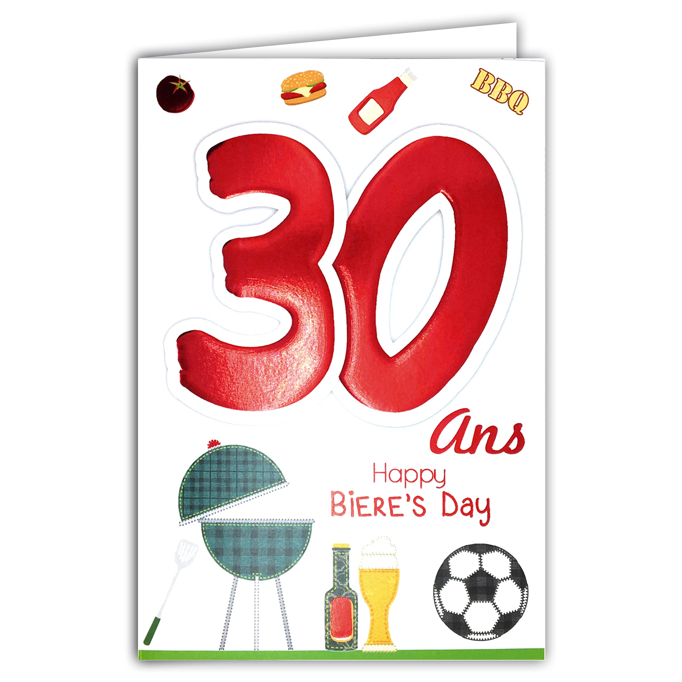 MV 69-2028 Age 30 Birthday Card Man with Beer Football Ball Barbecue BBQ Hamburger Party Friends