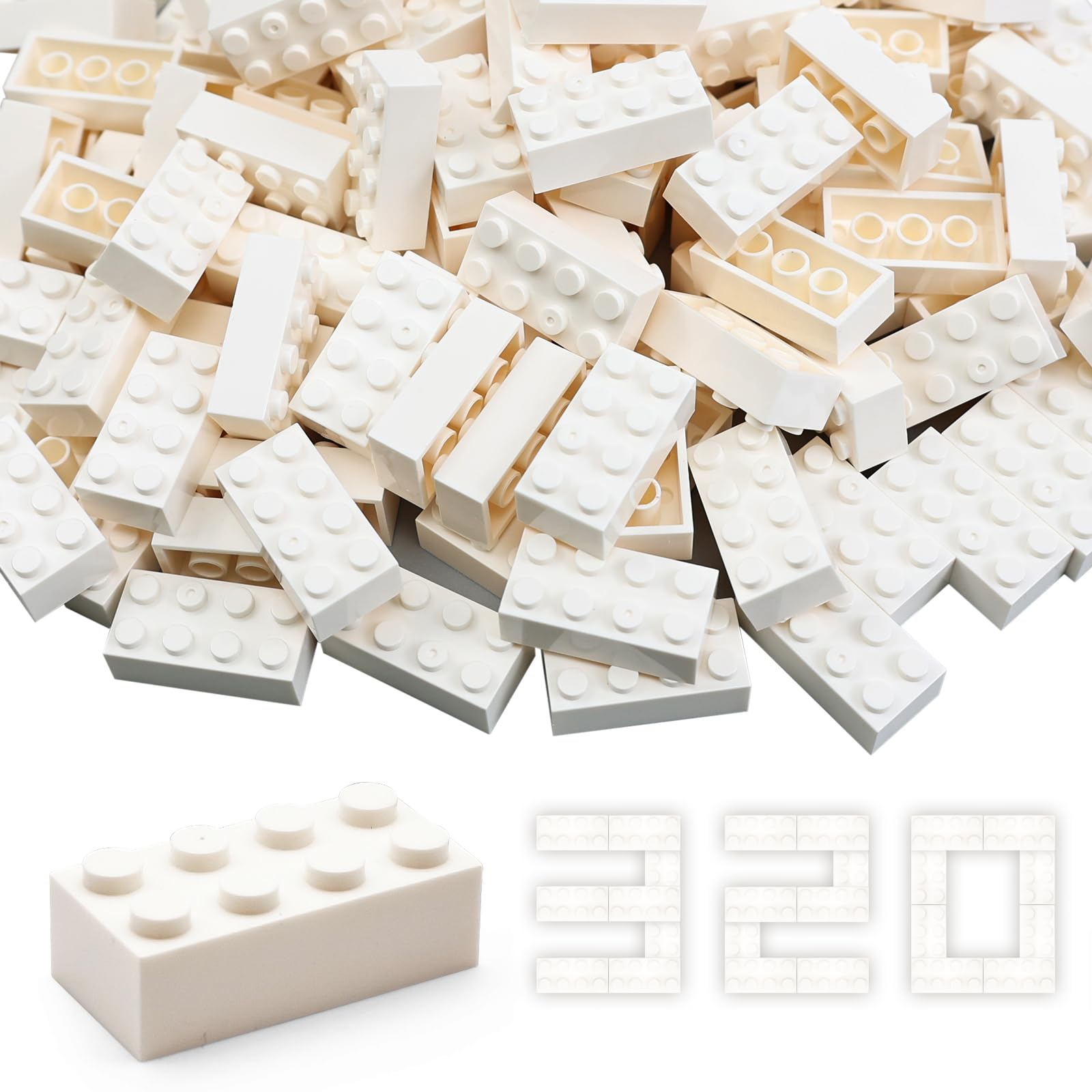 WYSWYG Building Bricks 2x4 Stud 320 Pcs, White, Classic Building Blocks Set, Compatible with Construction Building Blocks.