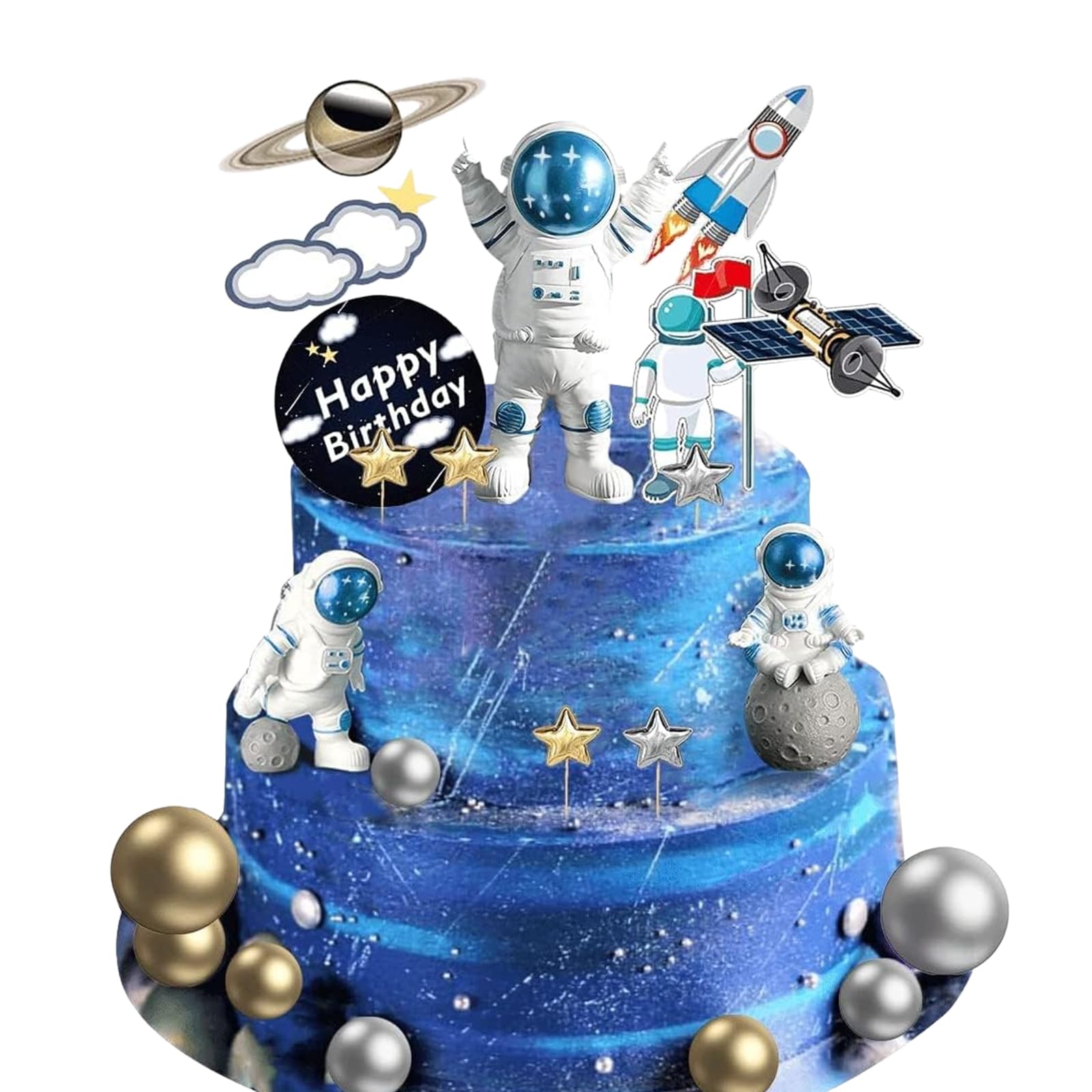 Photo 1 of Space Cake Topper,Space Cupcake Toppers Astronaut Figurine Birthday Outer Space Themed Party Decorations Supplies Planet Rocket Pearl Balls and Star DIY Cake Toppers