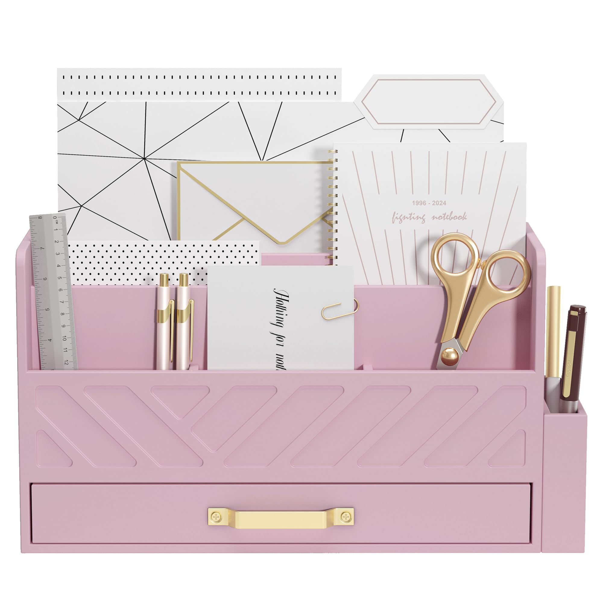 Photo 1 of WISUCART Bamboo Desk Organizer Mail Holder Countertop Wood Desk Drawer Tabletop Storage Box Pen Holder Letter Sorter Makeup Organizer for School Home Office Supplies with Pen Holder Pink