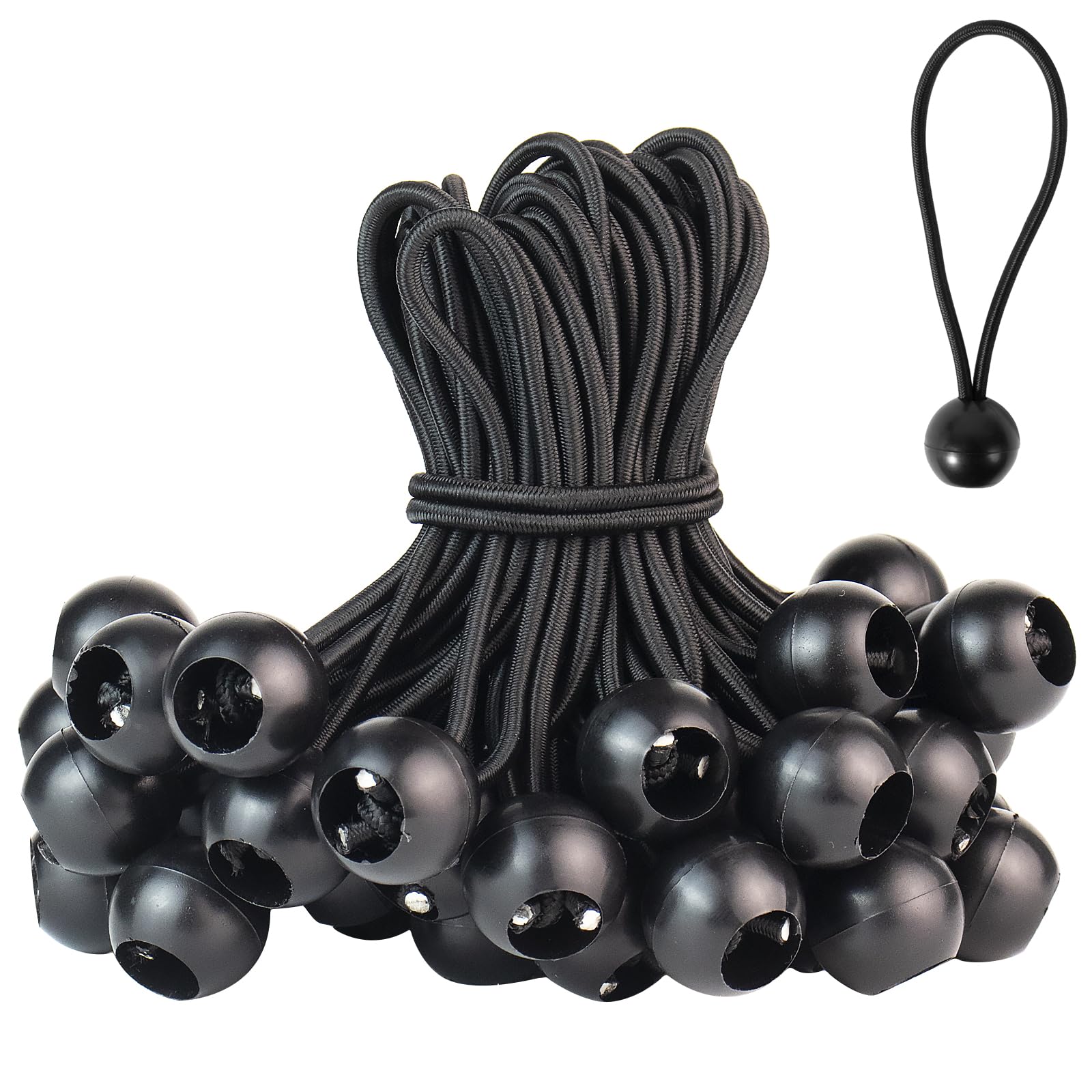 VioRose Tensioning Straps with Ball - 15cm Pack of 50 Black Rubber Tarpaulin Tensioners with Elastic Loops for Tent Banner Net