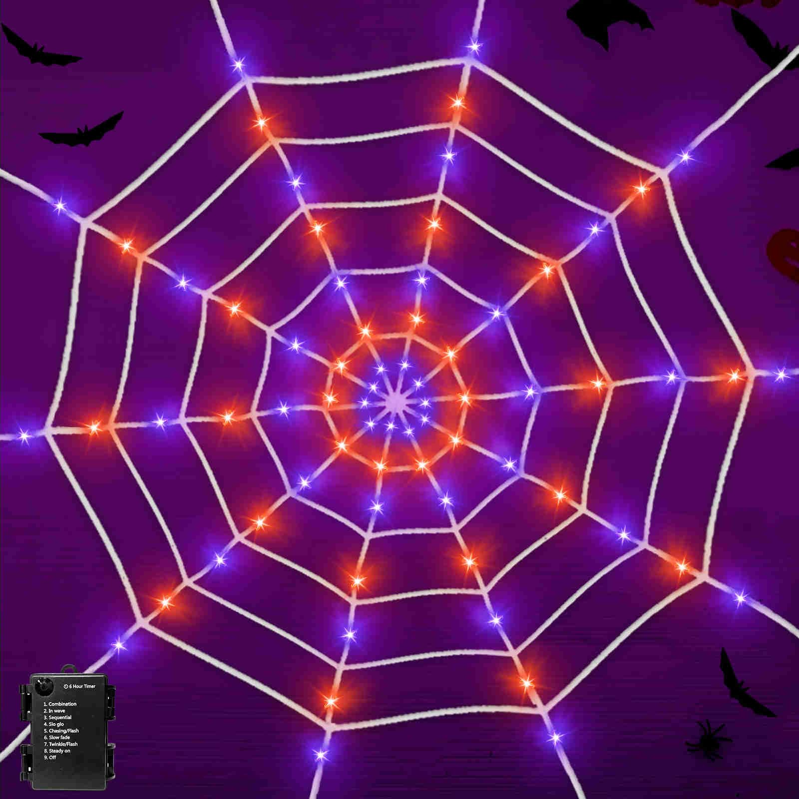Photo 1 of [ Prelit & Avoid Tangled Mess ] 5 Ft Orange Purple Halloween Spider Web Lights Decorations Timer 56 LED Battery Operated Waterproof Round Net Lights Halloween Decor Home Party Yard Indoor Outdoor
