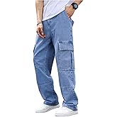 OYOANGLE Men's Flap Pocket Denim Cargo Pants Straight Leg Skateboard Jean Trousers