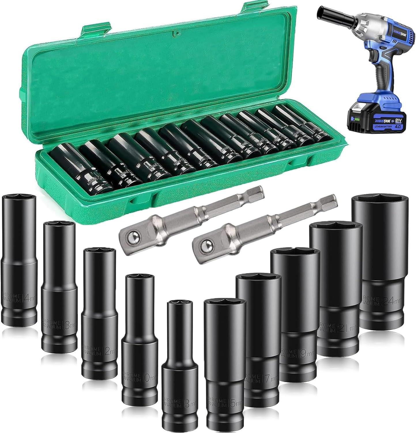 12 Pcs Deep Impact Socket Set, 8-24 MM Hex Long Socket Set 1/2 Inch Impact Wrench Socket Set Comes with Impact Driver Extension Bar for Home Car Repair