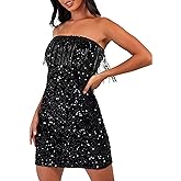 YYA Women's Mini Strapless Dress Sequin Strappy Bodycon Party Dress Sparkly Glitter Ruched Party Club Dress,S-XL