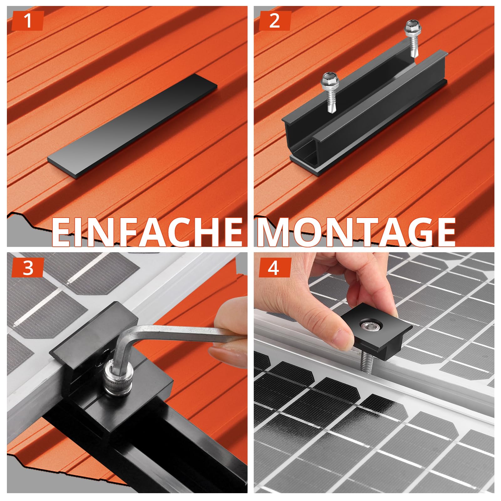 GETLITOOL Solarmodul Halterung, PV Halterung Montageset zur Montage 2 Module-12cm Alu Schiene, Verstellbare Klemme für 30-35MM Module, Solarpanel Halterung Flachdach Trapezblech Ziegeldach| Schwarz 6