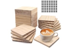 24 PCS Unfinished Square Wood Coasters, SIJDIEE 4 Inch Blank Wooden Craft Coasters with Non-Slip Foam Pad Stickers for DIY Stained Painting Wood Engraving Home Decoration Supplies