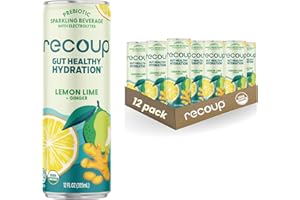 Recoup Organic Sparkling Prebiotic Drink - Ginger with Electrolytes for Gut Health Support & Hydration, No Added Sugar ((Pack of 12), Lemon Lime + Ginger)