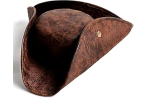 DR. ANISON Pirate Hat Adult Men Tricorn Hat Brown Faux Leather Colonial Hat Tricorn Hat