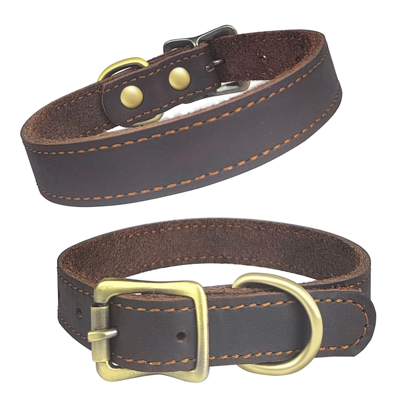 Qianruida Genuine Leather Dog Collar Heavy Duty Dog Collar for Walking & Training Puppy Collars Adjustable Soft Comfortable Strong Pet Collars for Puppy Small Dogs, Brown, S