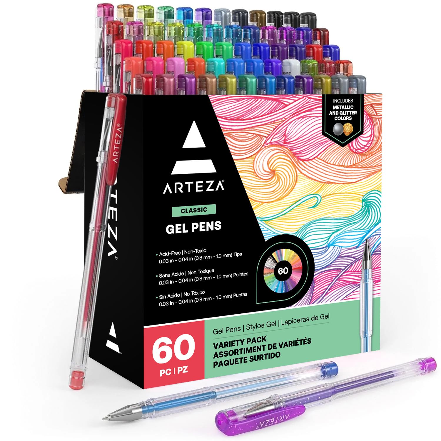 ARTEZA Gel Pens, 60 Colours, 0.8–1.0 mm Tips, Glitter, Metallic, Pastel, Neon, Rainbow Hues, Writing Pens for Scrapbooking, Doodling, and Journaling (Package may vary)