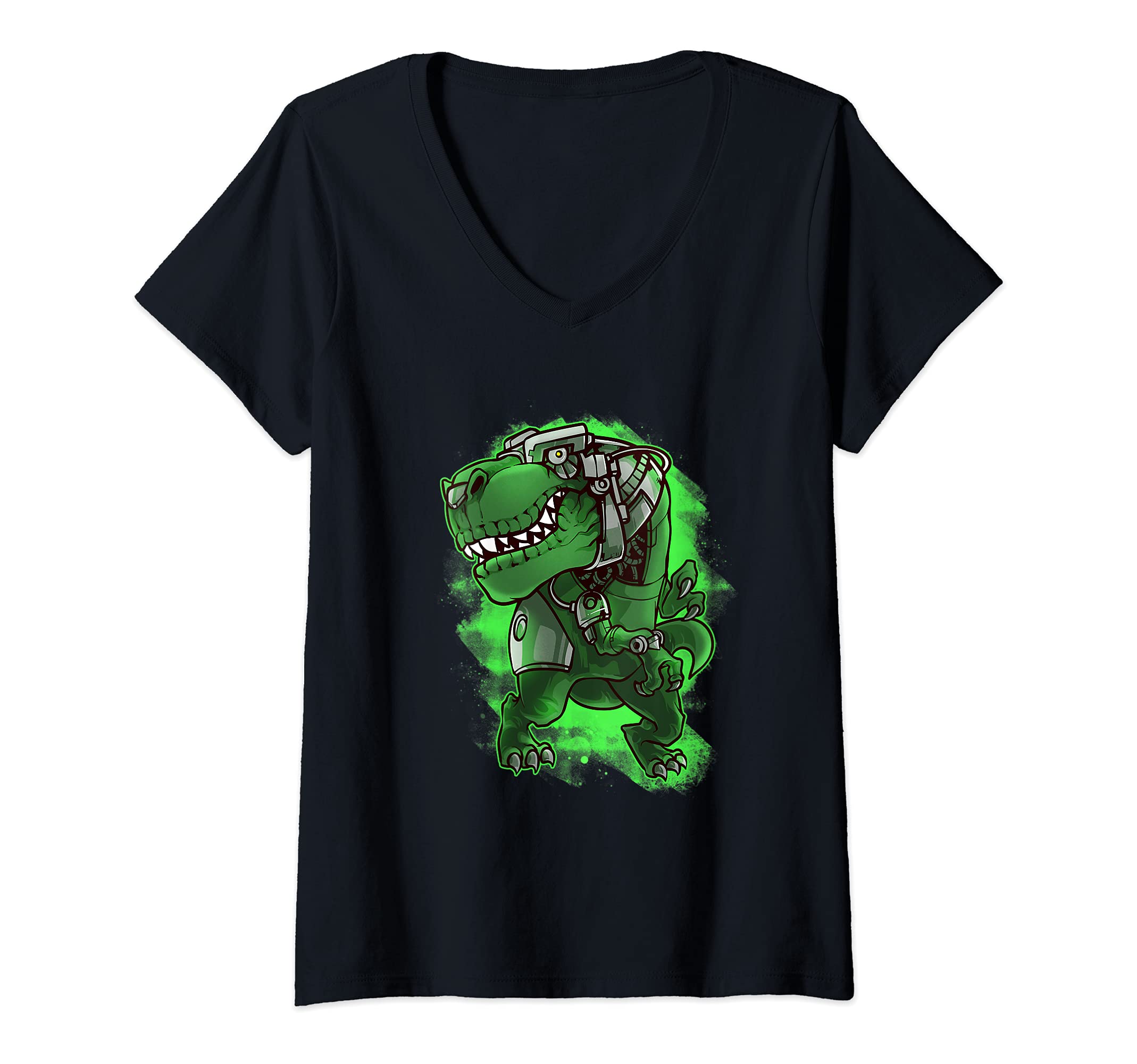 Womens T-Rex Robotic Dino Future Dinosaur Lover V-Neck T-Shirt