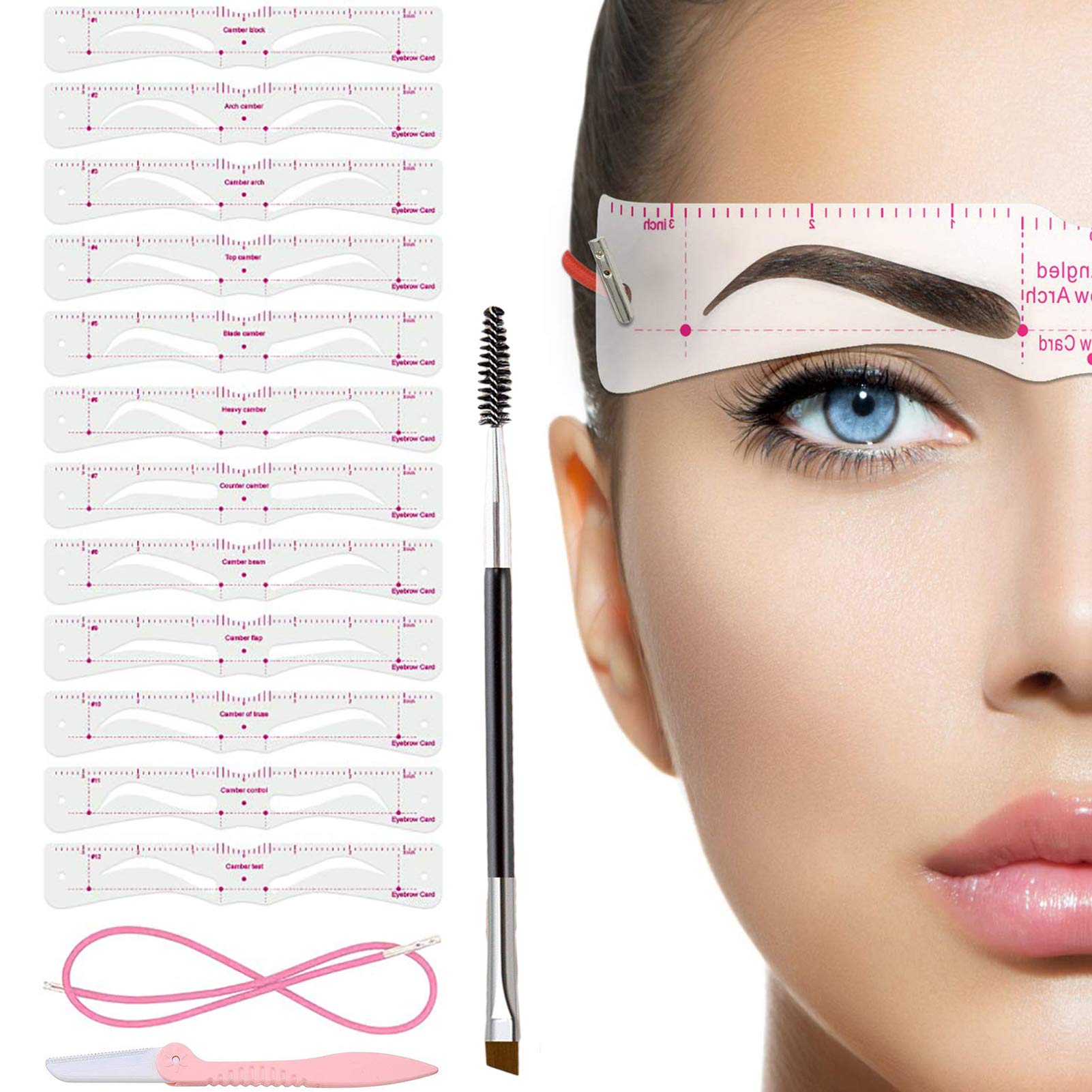 TEUVO Eyebrow Stencil for Beginners, 12 Styles Eyebrow Shaper Kit with Eyebrow Brush and Brow Razor Trimmer, Reusable DIY Eyebrow Stencils Template for 3 Minutes Makeup