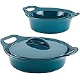 Rachael Ray Solid Glaze Ceramics Casserole Bakeware/Baker Set with Shared Lid, 3 Piece, Teal
